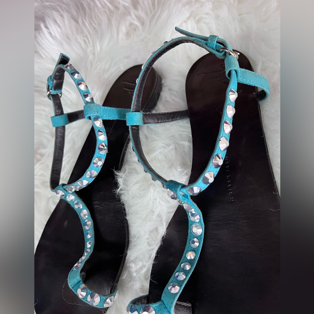 Giuseppe Zanotti Size 39 flat sandals blue suede straps adjustable ankle strap - Picture 5 of 13